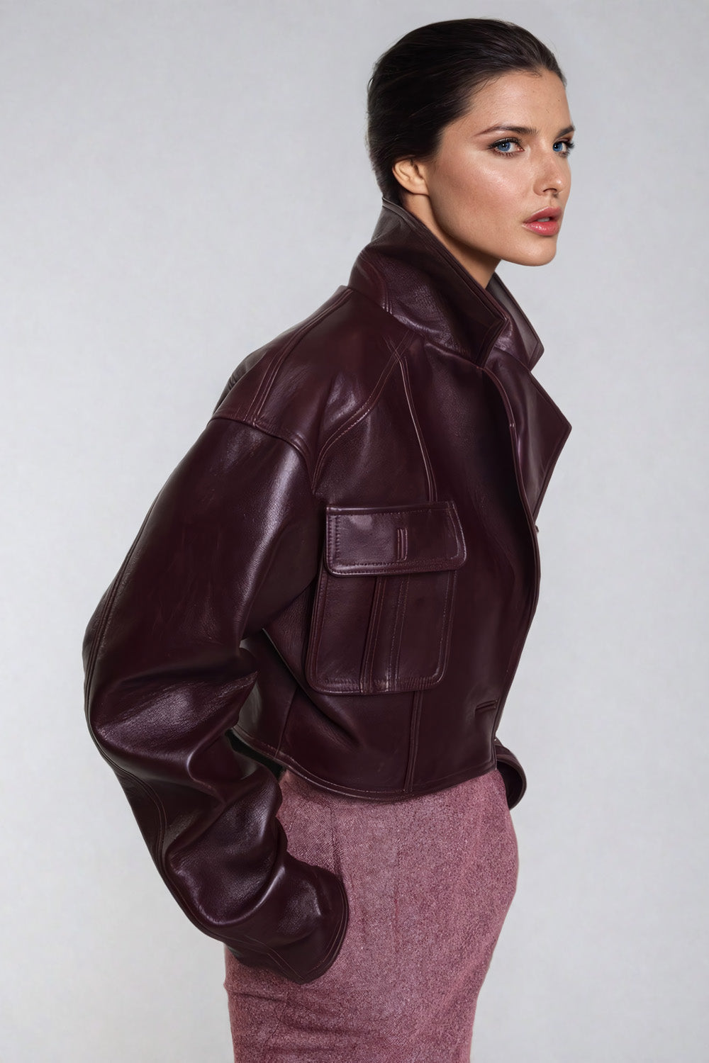 Maroon Cropped Leather Coat with Wide Lapel